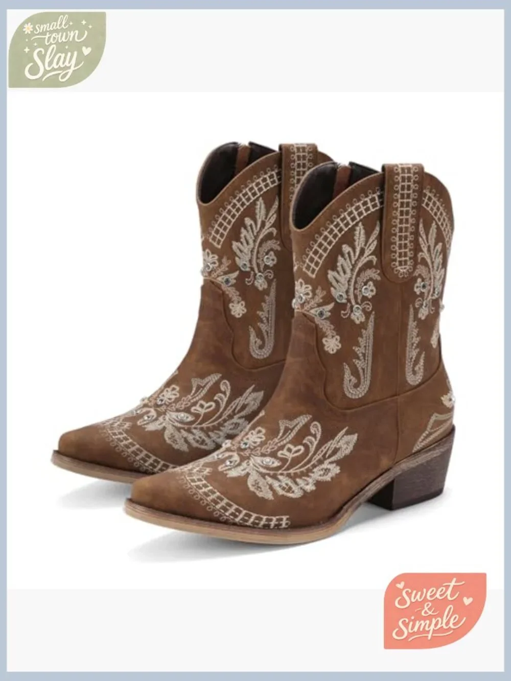 Embellished Ankle Cowboy Boots for Women Chunky Heel Side Zipper Western Booties - Picture 5 of 7